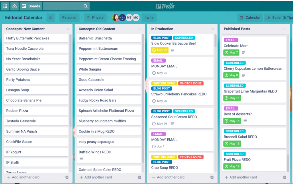 screen shot of an editorial calendar in Trello