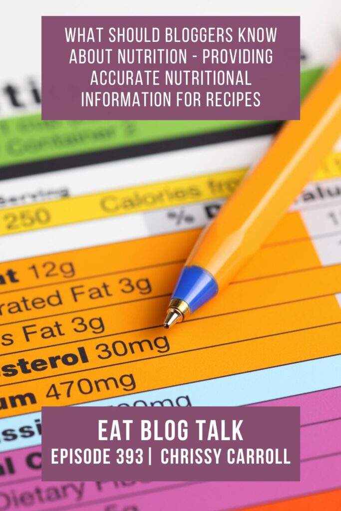 Pinterest image for episode 393 what should bloggers know about nutrition, providing accurate nutritional information for recipes with Chrissy Carroll. 