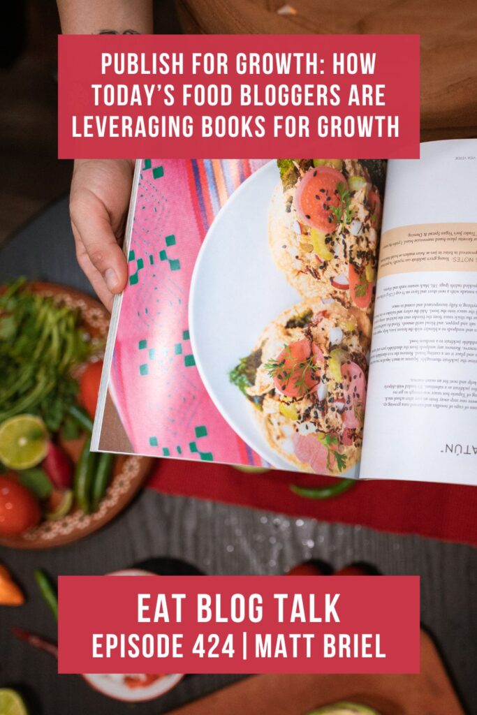 Pinterest image for episode 424 publish for growth: how today's food bloggers are leveragoing books for growth with Matt Briel. 